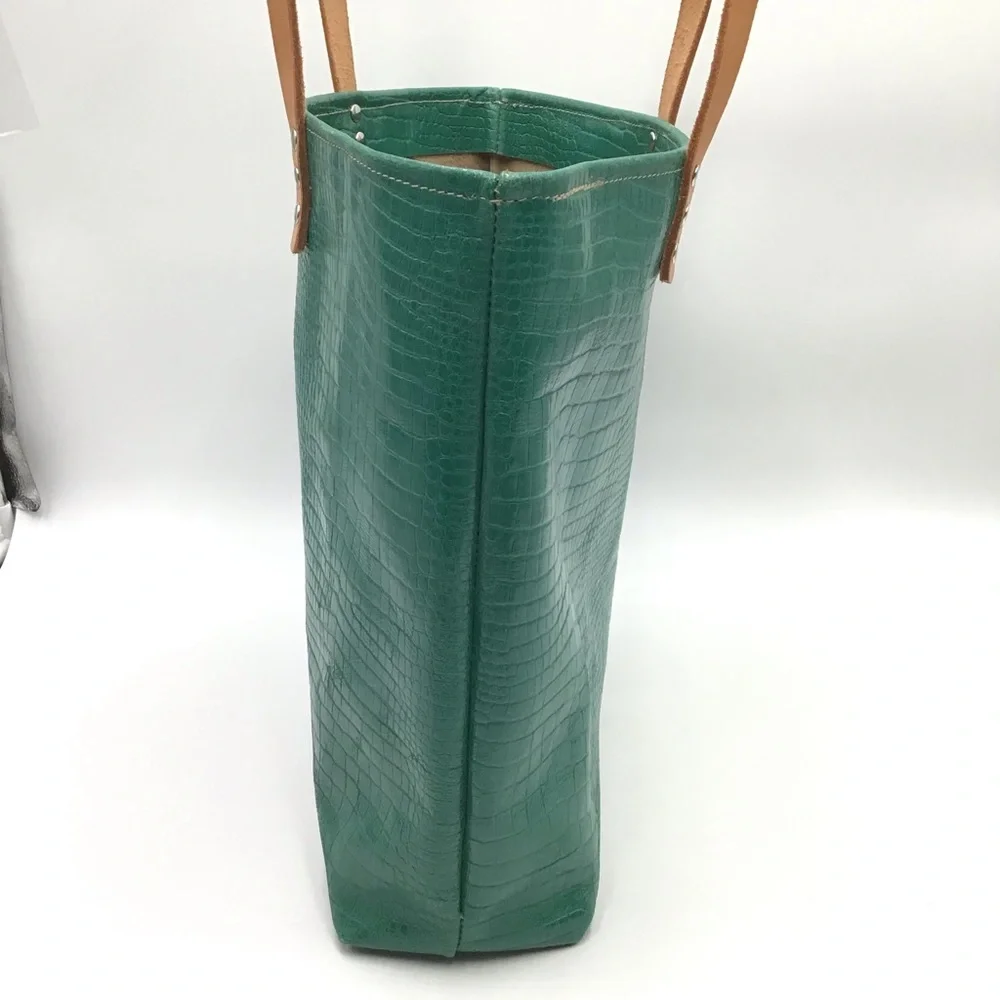 Handmade Tote Bag croc embossed green tan leather large handbag New